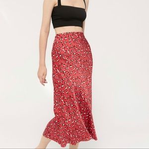UO Red Leopard Print Midi Slip Skirt